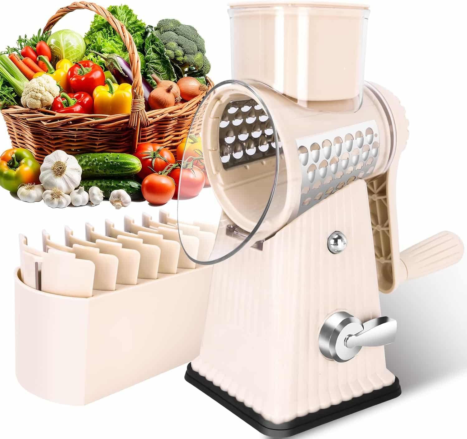 YHBRAK Rotary Cheese Grater with 5 Interchangeable Blades – Multi-Purpose Hand Crank Vegetable Slicer, Almond, Nut & Parmesan Shredder with Suction Base