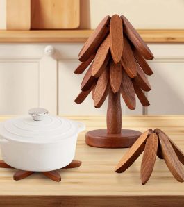 Wooden Trivets for Hot Dishes – Premium Walnut Coaster Set with Tree-Style Collapsible Stand