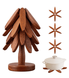 Wooden Trivets for Hot Dishes – Premium Walnut Coaster Set with Tree-Style Collapsible Stand